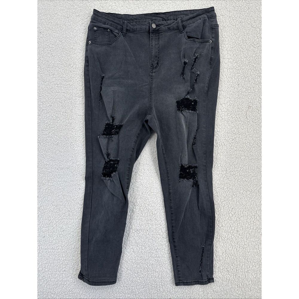 Shein Curve Jeans Women Size 3XL Black Straight Distressed High Rise‎ Stretch